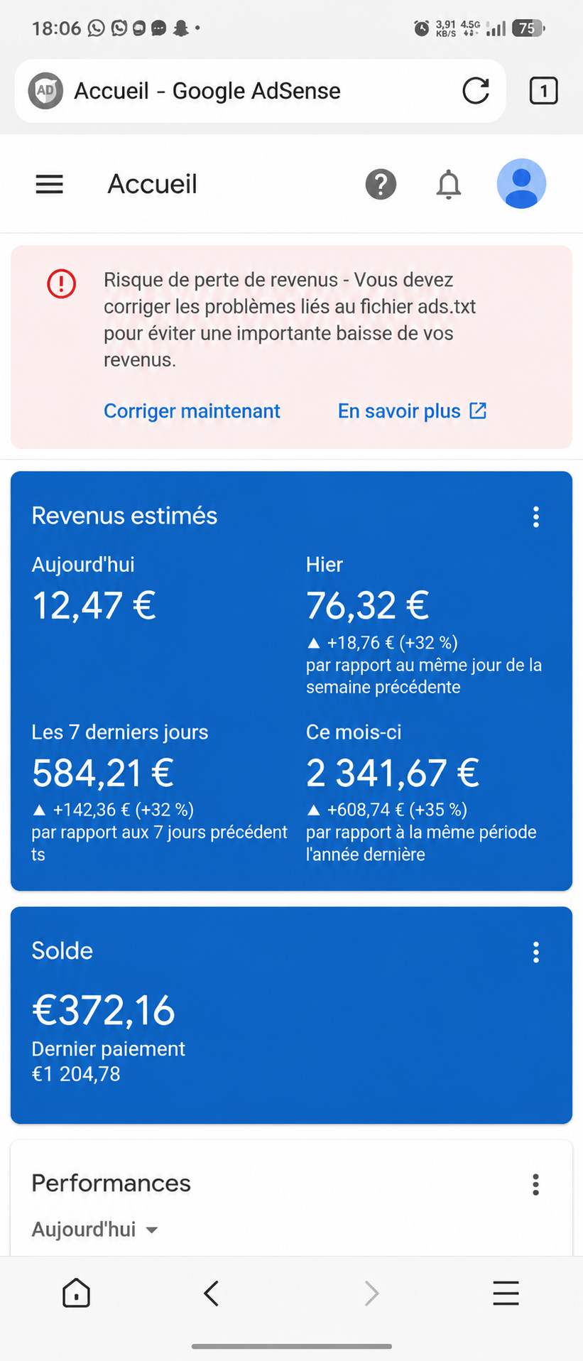 Capture du tableau de bord Google AdSense d'un élève
