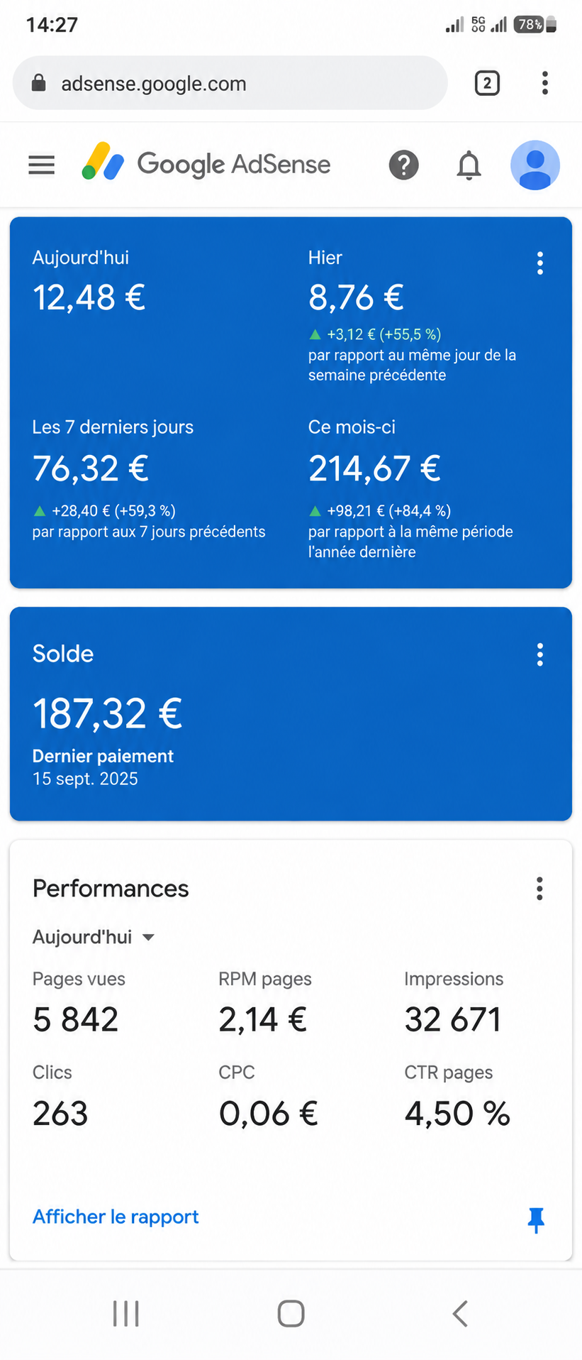 Capture du tableau de bord Google AdSense d'un élève