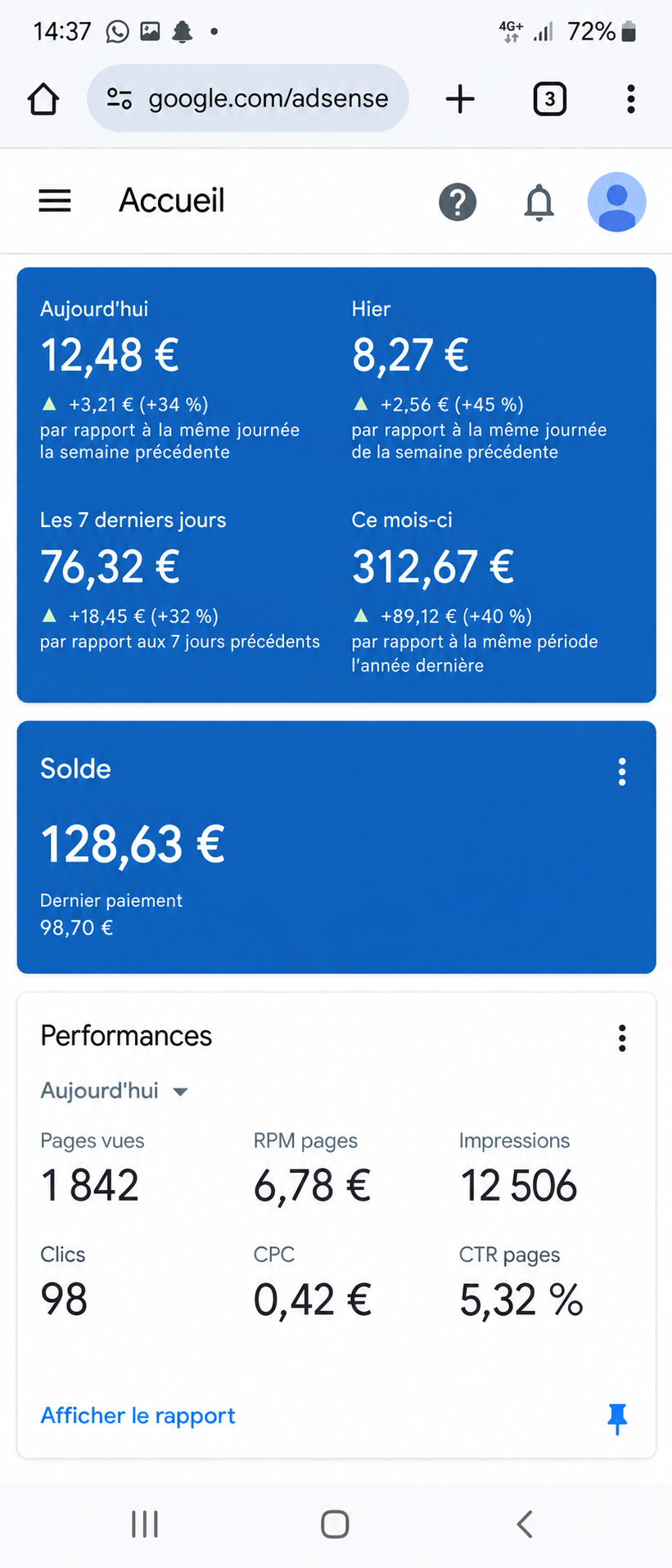 Capture du tableau de bord Google AdSense d'un élève
